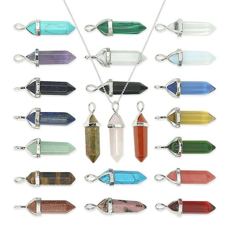 Wholesale Natural Stone Hexagonal Bullet Pendulum Pendant Necklace for Women Men Crystal Stone Stainless Steel Chain