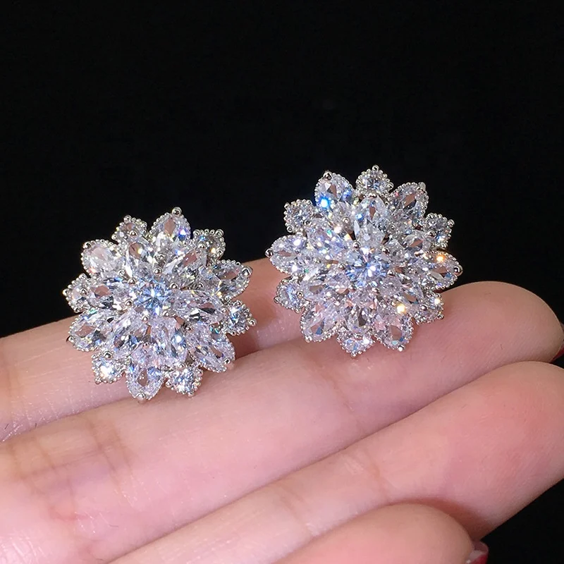 

Elegant Wedding Bridal Gifts Sun Flower Silver Plated Earring Colorful Cubic Zirconia Big Sun Flowers Earrings Stud
