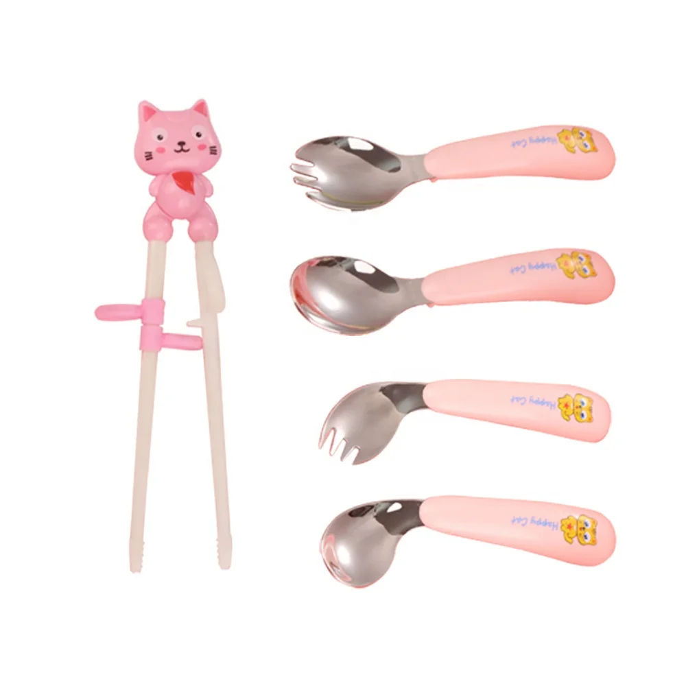 

Factory Direct Kids Gift Box Flatware Lovely Cutlery Baby Learning Training Tableware Cartoon Children Chopsticks Spoon Set, Blue, pink