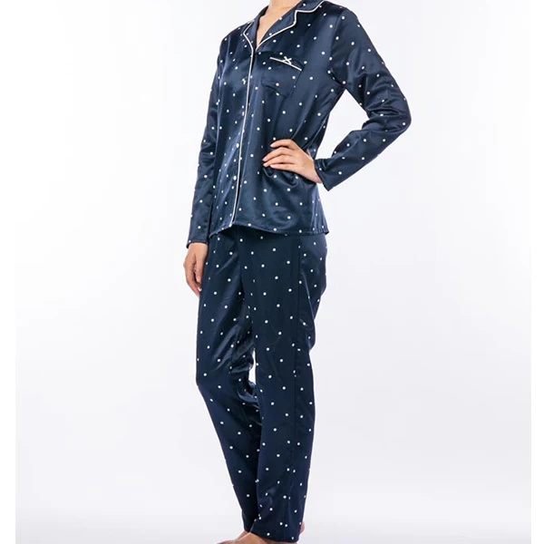 

Manufacture Polka Dot Pijamas Mujer Satin Lounge wear Women Long Sleeve Turn-Down Collar Satin Pajama Pant Set