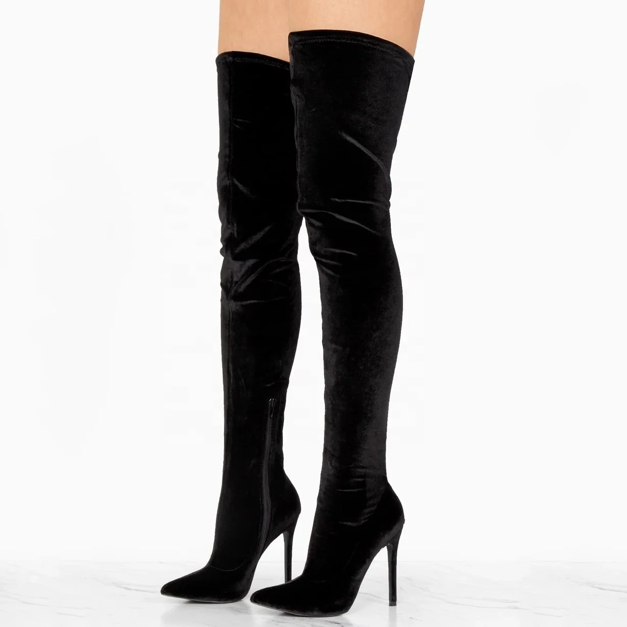 

China Factory Solid Stretch Fabric Side Zip Women Over Knee High Boots Stiletto Ladies Pointed Toe Sexy Big Size 43 Long Booties, Black