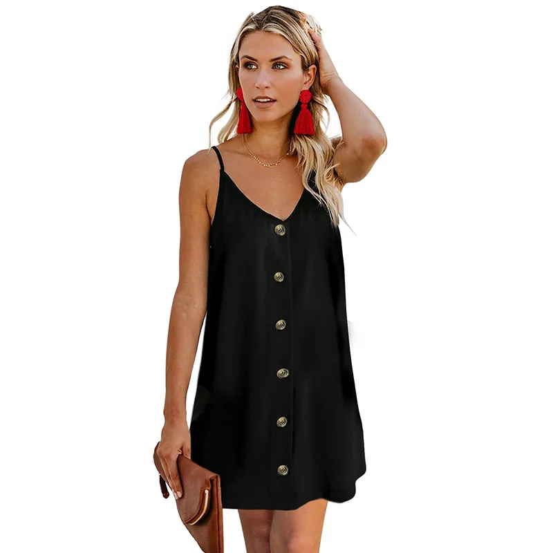

2021 Fashion Trend Casual Sleeveless Black Buttoned Slip Summer Mini Dress, Accept customized casual dress for women