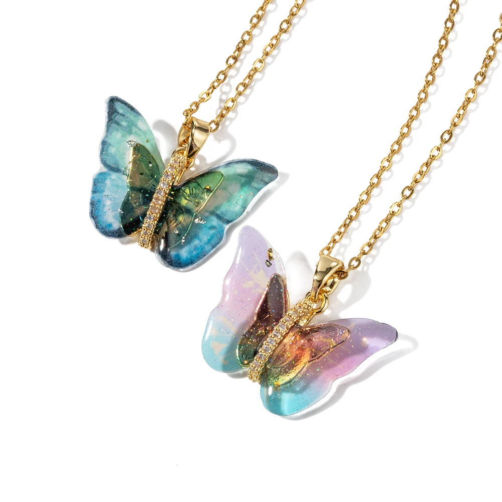 

Waterproof 18K Gold Plated Brass Colorful Resin Cubic Zirconia Butterfly Pendant Necklace for Girls