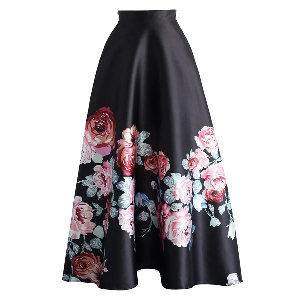 

Hot Sale Blossoming Black High Waist Long Lady Skirt, Black, pink, colorblock