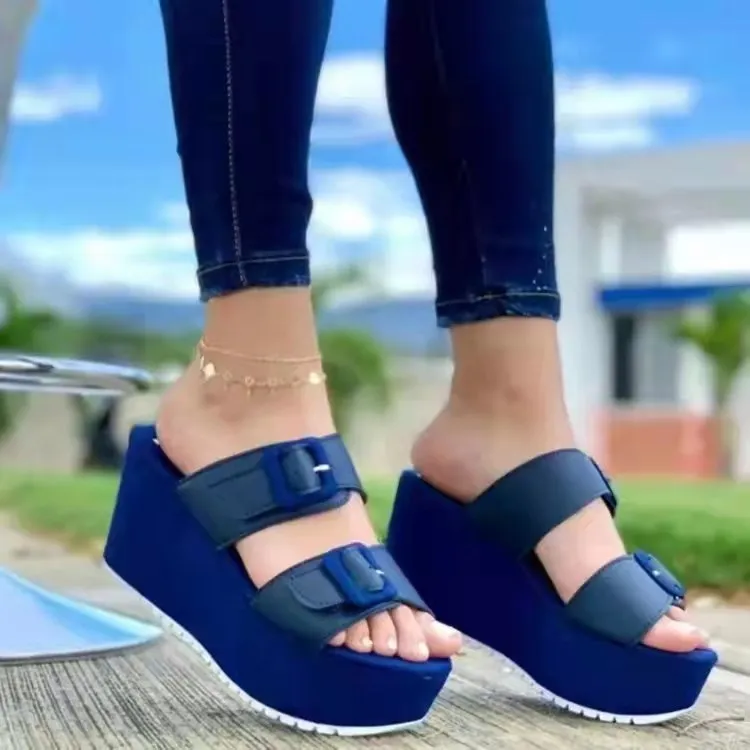 

Dropshipping Summer Beach Ladies Sandals And Slippers Shoes Solid Color Fish Mouth Open Toe Belt Buckle Women Wedge Sandals