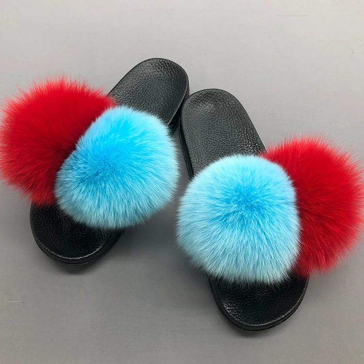 

Wholesale cheap price fur pom slides two big real fox fur pom pom slides, Customized color
