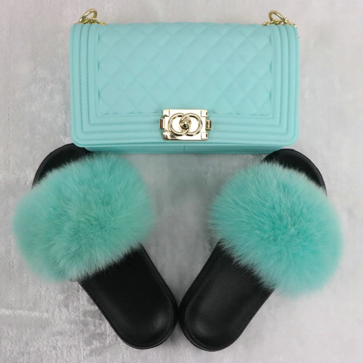 

Frosted matte diamond pattern small fragrant jelly chain bag with fox fur ladies sandals and slippers set, Customizable