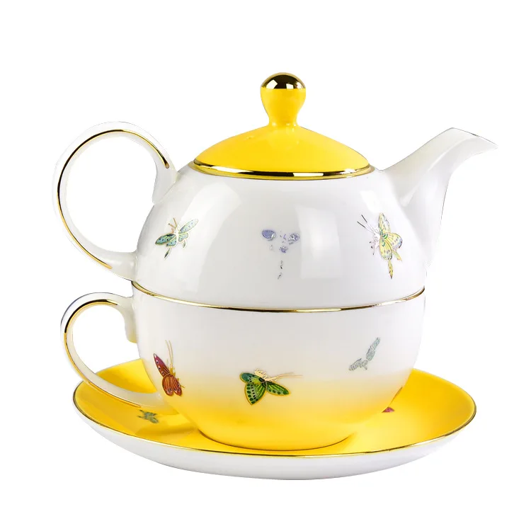 

European Style Color Butterfly Bone China Teapot Set, Yellow