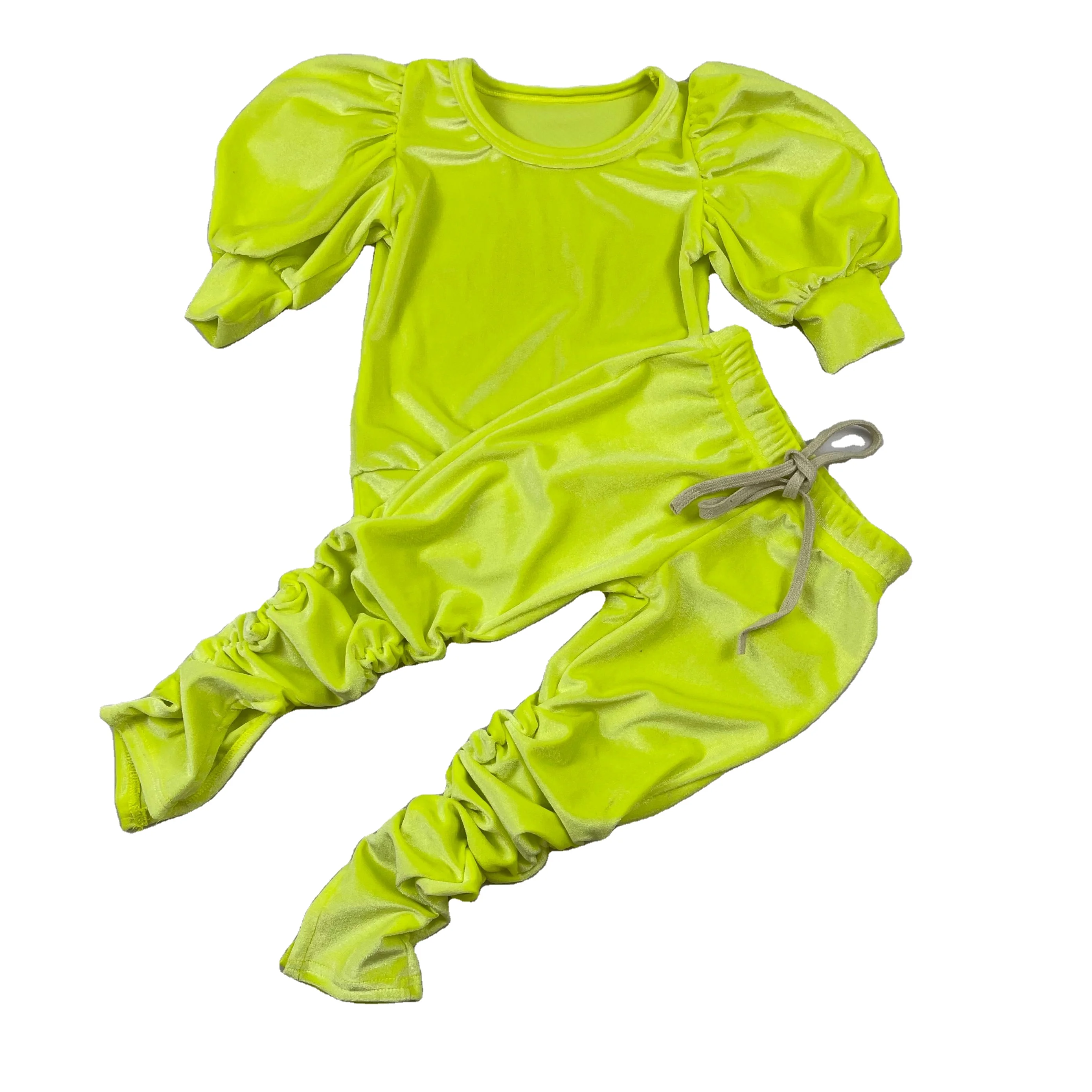 

kids clothing QL2021Wholesale Fashion velvet puffsleeve top + stack pants two piece sets outfits mommy and me outfits, Picture