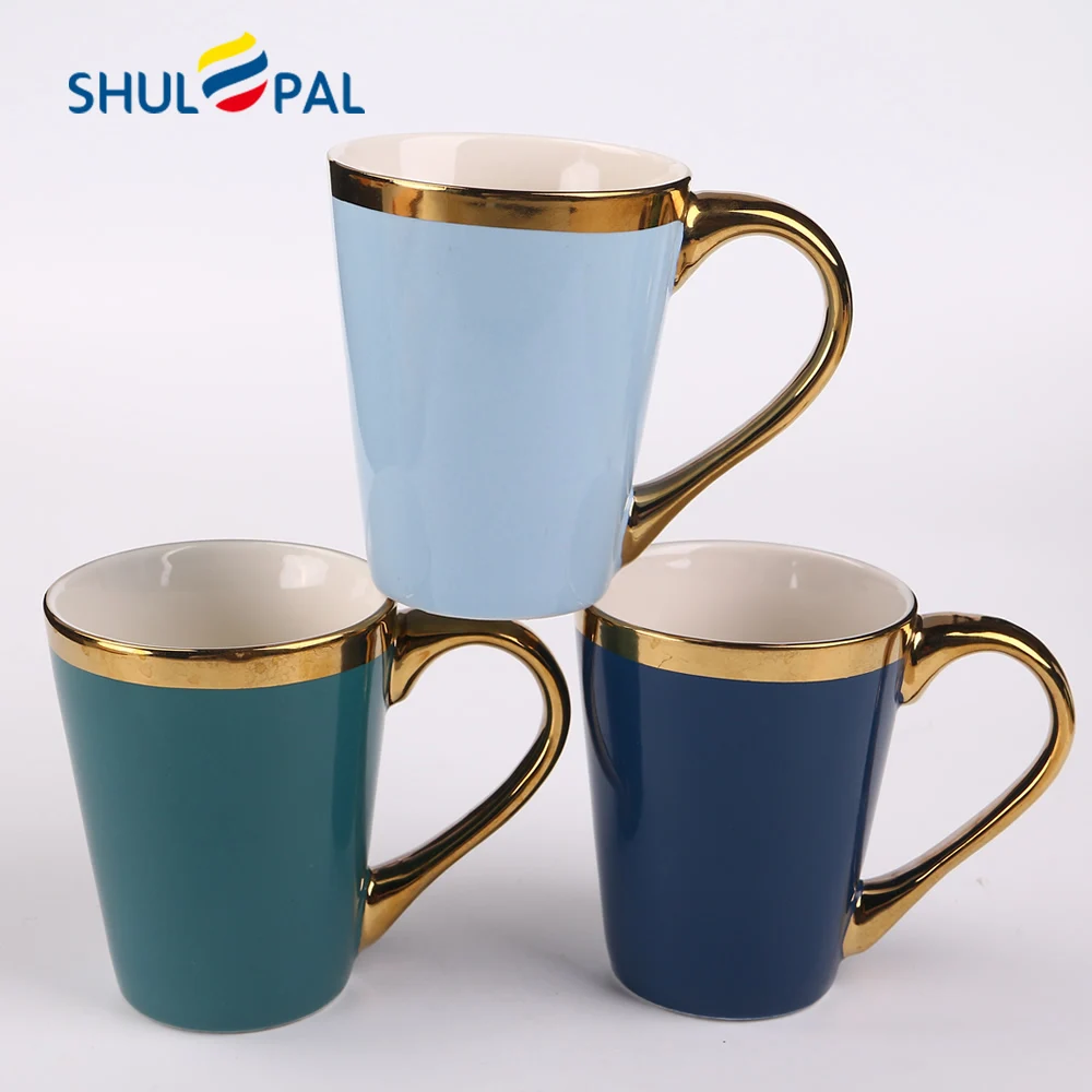 

Luxury Personalized Ceramic Mug with Gold Painting for coffee tea, Light blue, lake blue, dark blue