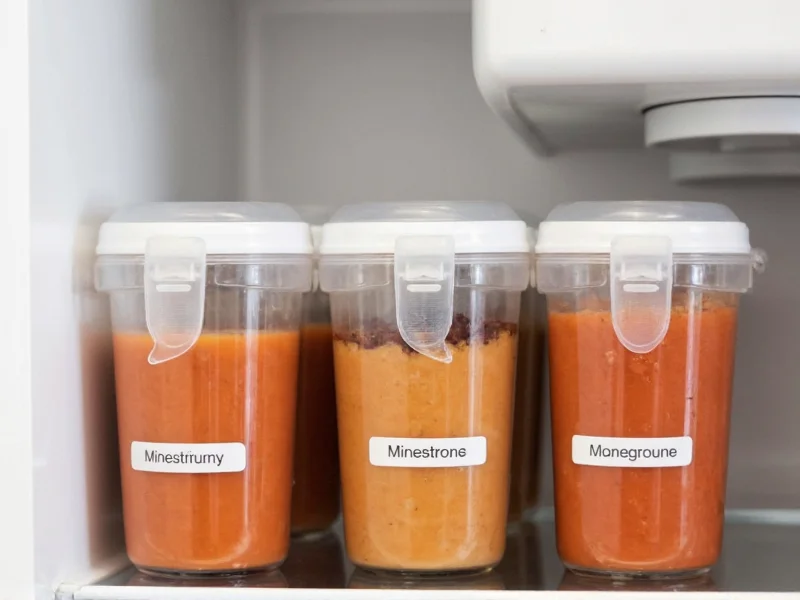 Minestrone soup storage containers with labels in refrigerator