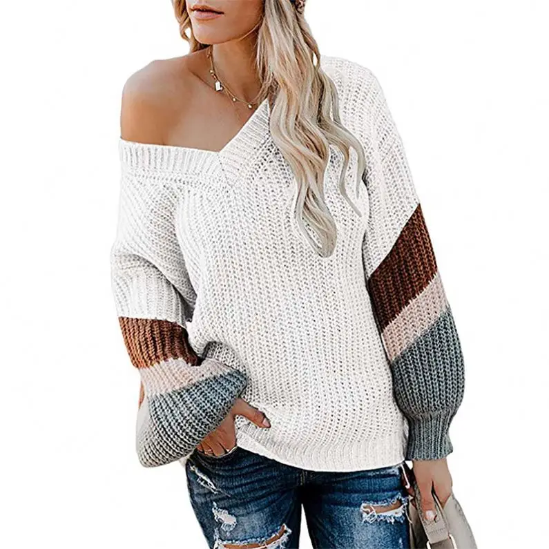 

Wholesale V Neck Chunky Loose Ladies Pullover Warm Knit Winter Women Sweaters, White, yellow, gray, apricot, khaki