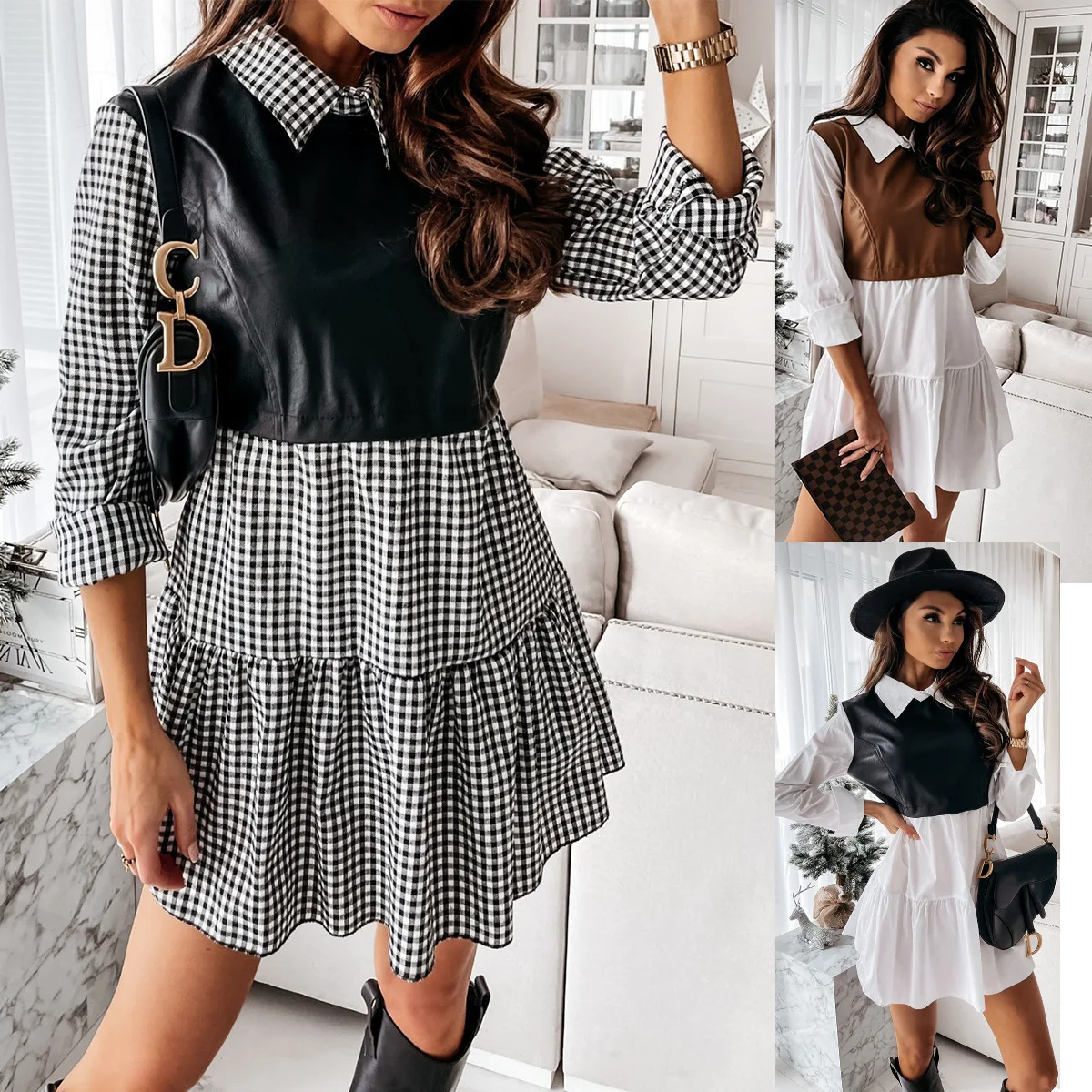 

2021 New Arrivals Hot Style Fashion Comfortable Long Sleeves Dress Shirt collar Patchwork Dresses Cowhide Fashion Hemp Clothing