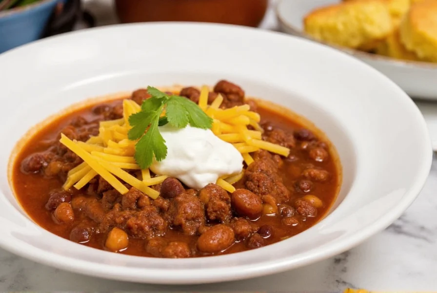 Bowl of slow cooker chili topped with sour cream, shredded cheese, and fresh cilantro, served with cornbread