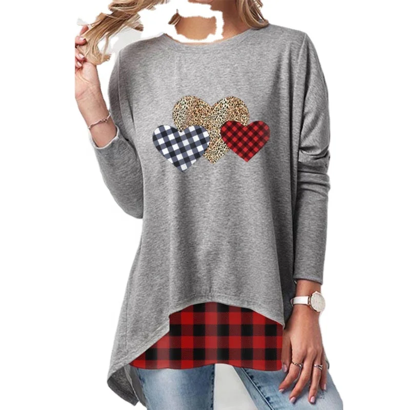 

Women's Casual Plaid & Leopard Heart T-Shirt round neck long sleeve T-Shirt gifts of Valentine's Day for women girls, Picture
