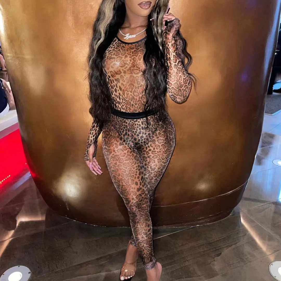 

FS4690D Hot sale Women leopard print mesh outfits Fashion Casual two piece pants set