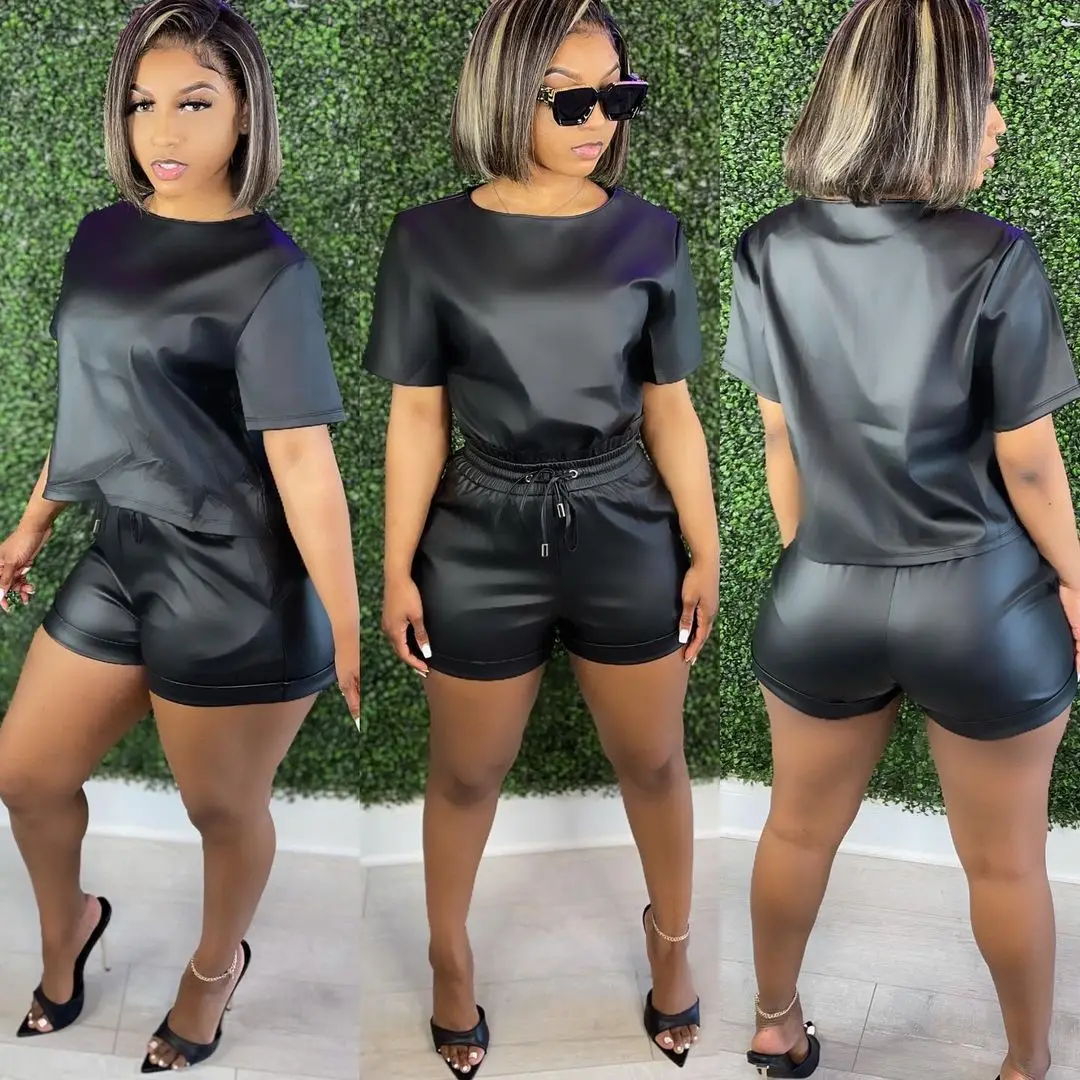 

2022 New Arrivals Pu Leather Outfits Women Lounge Wear Faux Leather Two Piece Shorts Set Casual Fashion Summer 2 Pc Leather Sets