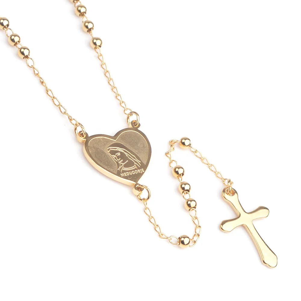 

Gold Plated Stainless Steel Necklace with Virgin Mary Engraved Heart Catholic Women Rosary