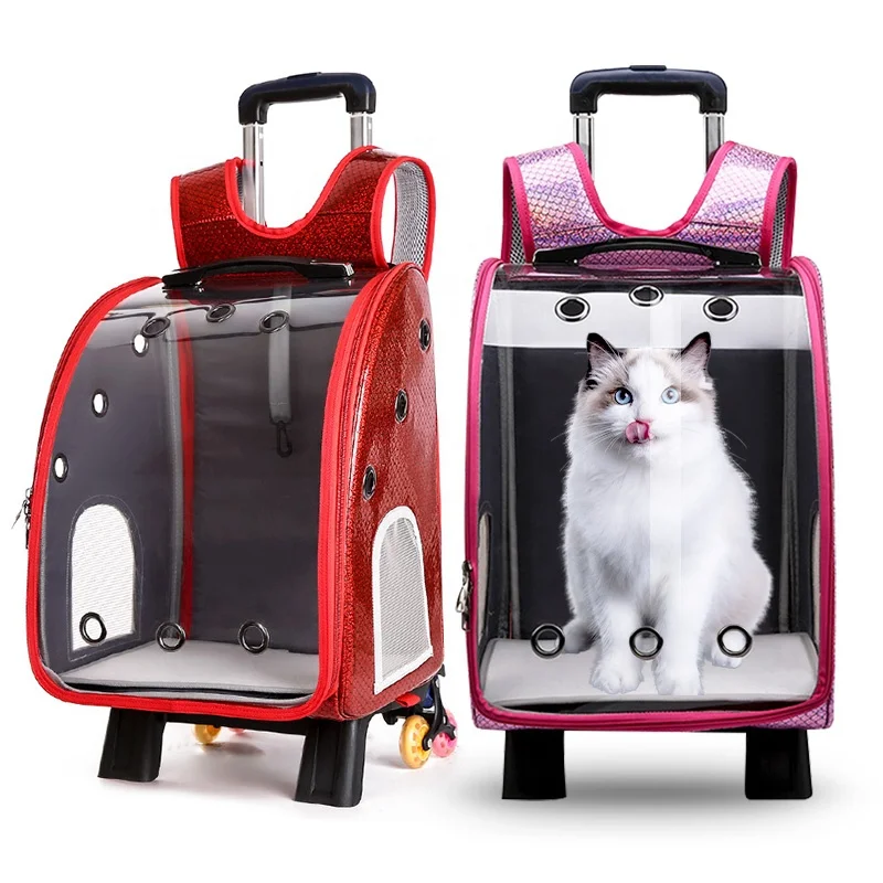 

Large Luxury Adorable Detachable Foldable Dogs 3 Wheel Strollers Pets Double Travel Backpack Bag Cats Trolley Case For Hot Sale, Pink and red