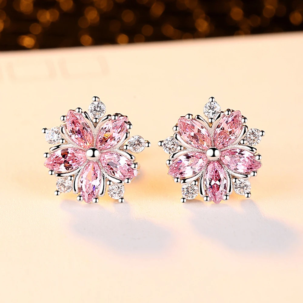 

Fashion Jewelry Pink Cherry Blossoms Stud Earring Shiny Crystal Rhinestone Flower Stud Earring For Women