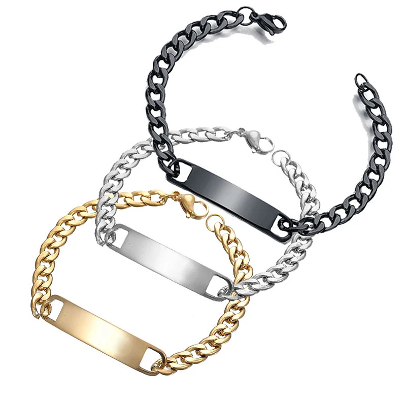 

Women's Custom Design Stainless Steel ID Bracelet with Figaro Chain Link in 18K Gold Plating, Gold,silver