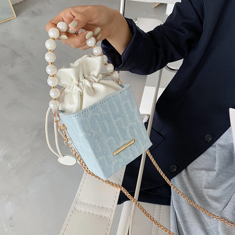 

New arrival fashion design square shoulder purse pearl decoration bucket handbags mini crossbody bag with chain, 4 colors