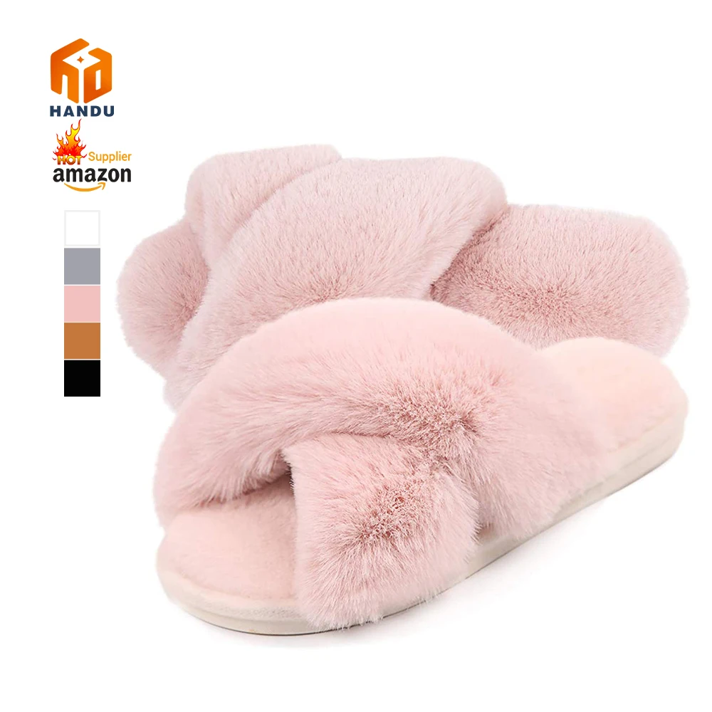 

Women Warm Winter Soft Plush Furry Cozy Rabbit Fur Ladies House Shoes Cross Band Slides Slippers Open Toe Non-slip Shoes, Beige, coffee, pink, grey