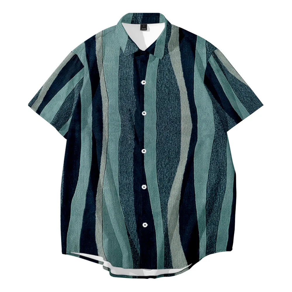 

Mens Loose Multi Color Stripe Lump Chest Pocket Short Sleeve Round Hem Shirts