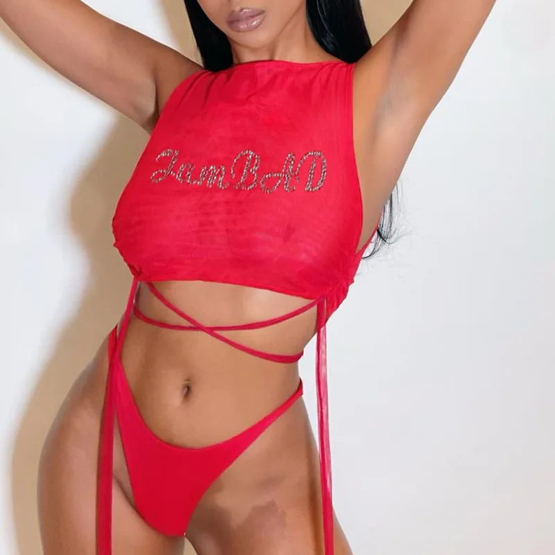 

New Solid Color Hot Diamond Letter Print O Neck Sleeveless Crop Top Triangle Two Piece Set