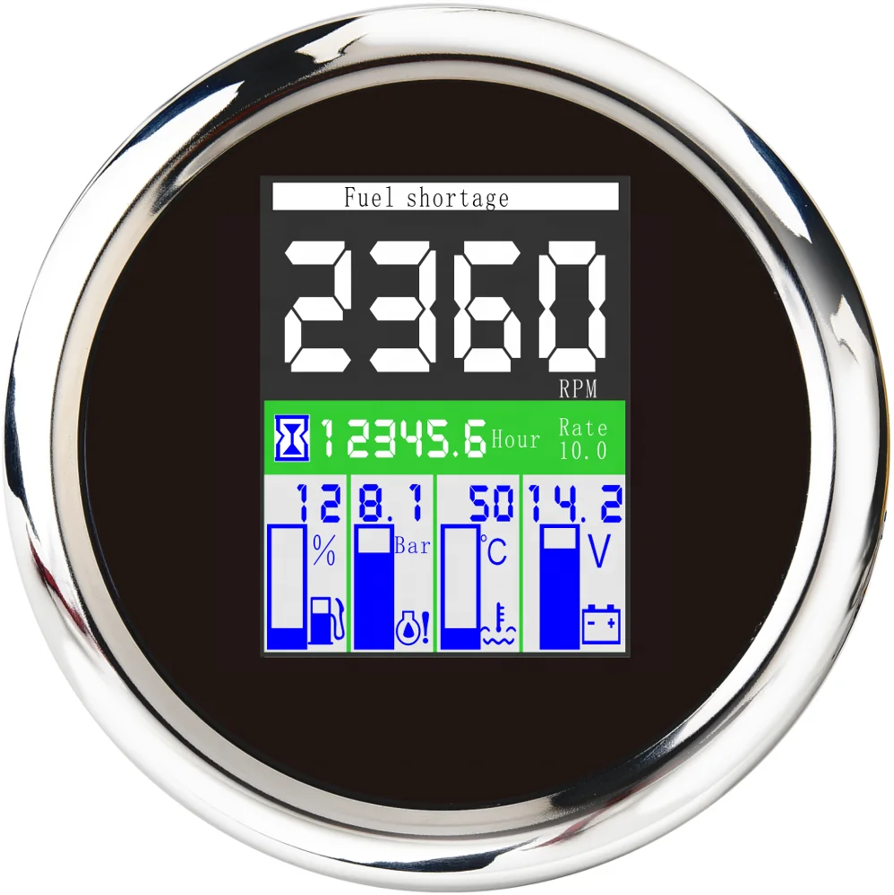 

85mm Digital Multifunction Meter 5 In1 Tachometer RPM Oil Pressure 0-10Bar Temperature Gauge Fuel Level Hourmeter, White, black