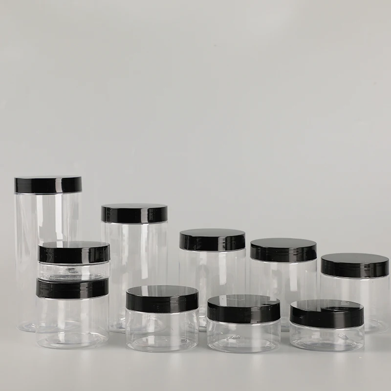 

Empty PLASTIC JARS PET RPET PCR PLA 50 80 100 120 150 ml transparent amber jar with white black alum lids custom labels printing