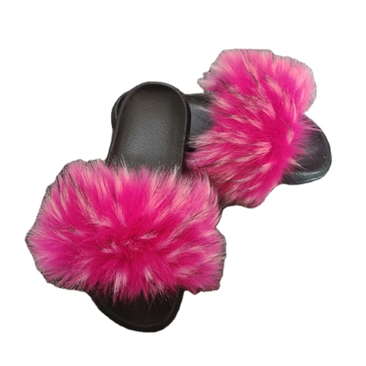 

Women Fluffy Faux Fur Flip Flops Furry Raccoon Fur Sandals Faux Fox Fur Home Casual Plush Shoes slippers, Picture