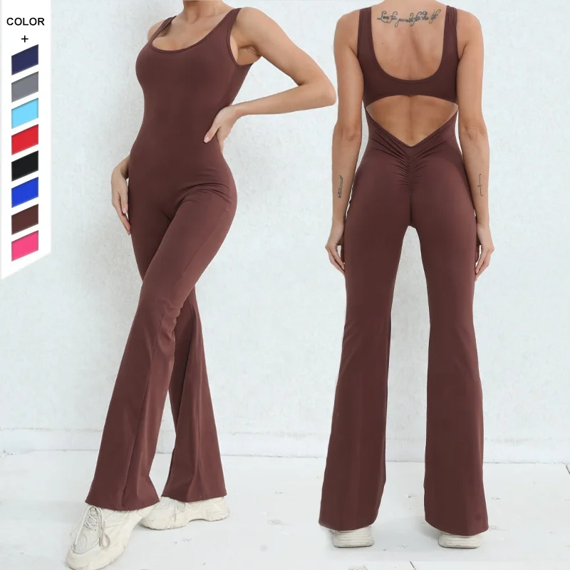 New High Elasticity Hollowing Out Beautiful Back Micro La Yoga Clothing Honey Peach Hip Lifting Yoga Fitness Jumpsuit