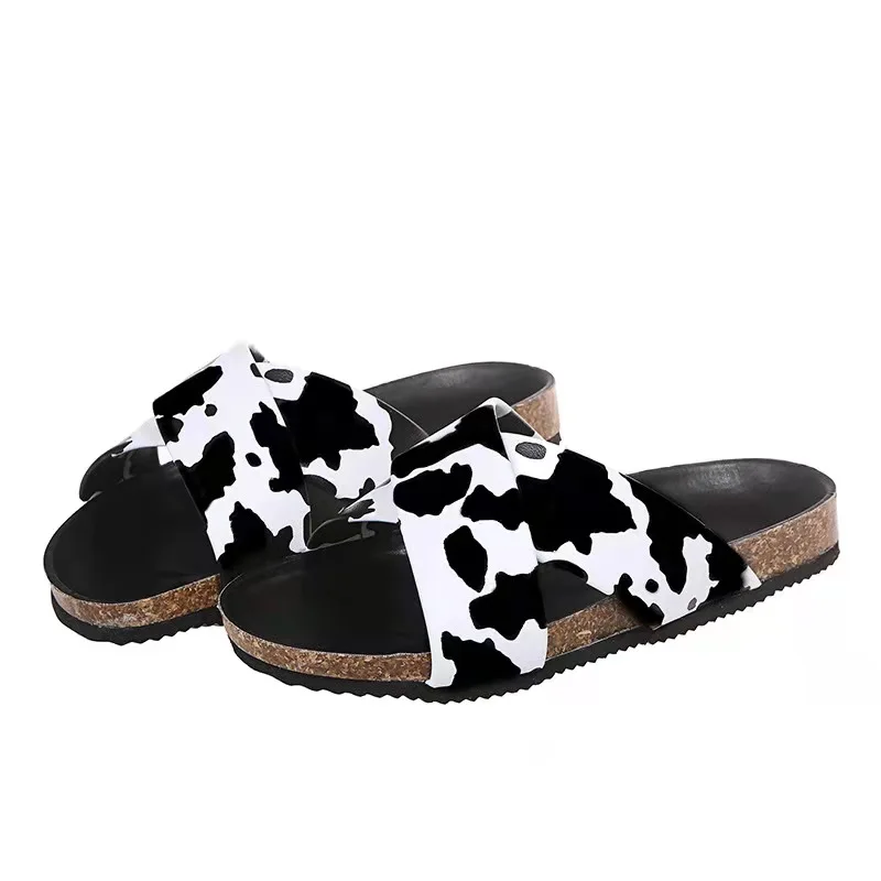 

Free Shipping 2021 Pvc Summer Comfortable Flat Rubber Sole Women Slides Cow Rainbow Slippers for Women