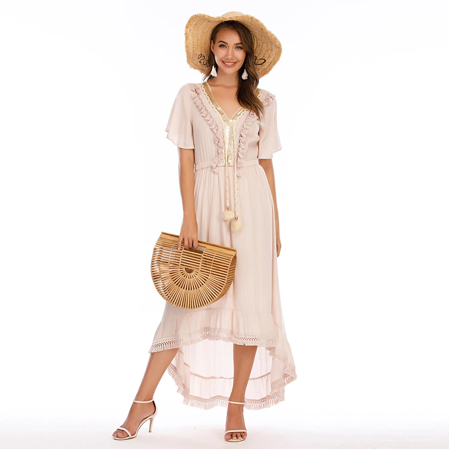 

2021 Hot Sale V-Neck Spaghetti Strap Dress Women Tassel Lace Dress Short Sleeves Linen Casual Dress