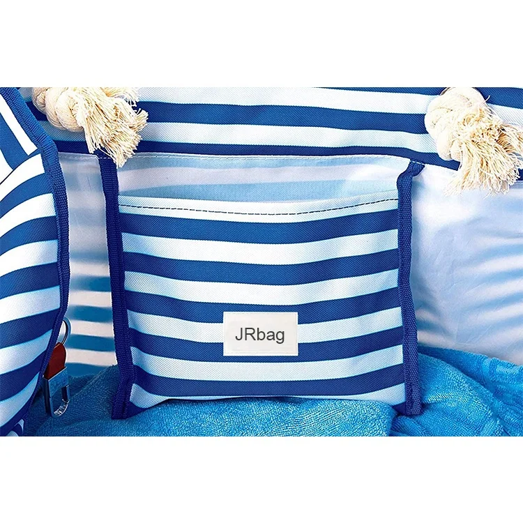 Blue Stripes 100% Waterproof Canvas Big Capacity Travel Beach Tote Luggage Bag with Cotton Rope Handles and Two Outside Pockets