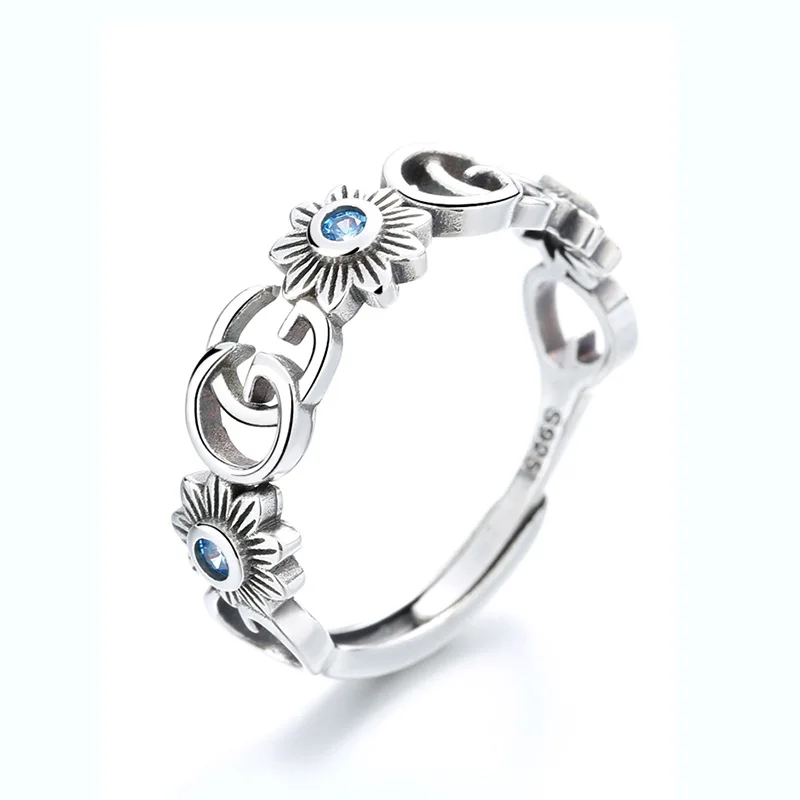 

Newest Hip Hop Punk Sterling 925 Silver Ring Vintage Double Sun Flower Open Adjustable Zircon Finger Rings