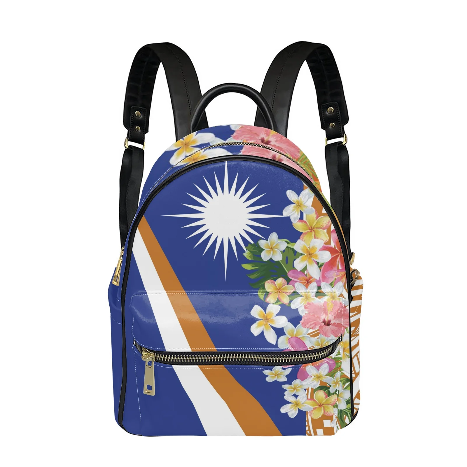 

Marshall Islands with Tribal Flower Printed Custom Backpack Leather Fashion Daypacks Anti-Theft Shoulder Bag Satchel Purse, Customized color