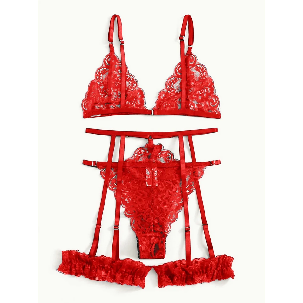 

Women's 3 Piece Lace Underwire with Garter Belts Sexy Bra Scalloped Trim Floral Garter Lingerie Set, Black / red
