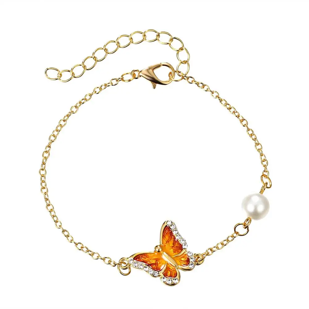 

Fashion Simple Adjustable 18K Gold Natural Freshwater Pearl Crystal Enamel Butterfly Bracelets for Baby Girls, Picture