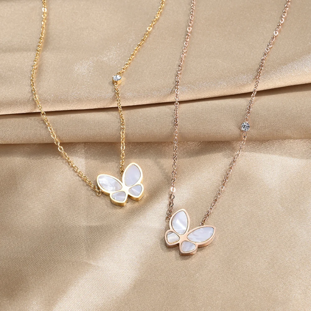 

Stainless steel rose gold jewelry white shell pendant women pink gold butterfly necklace, Gold/rose gold