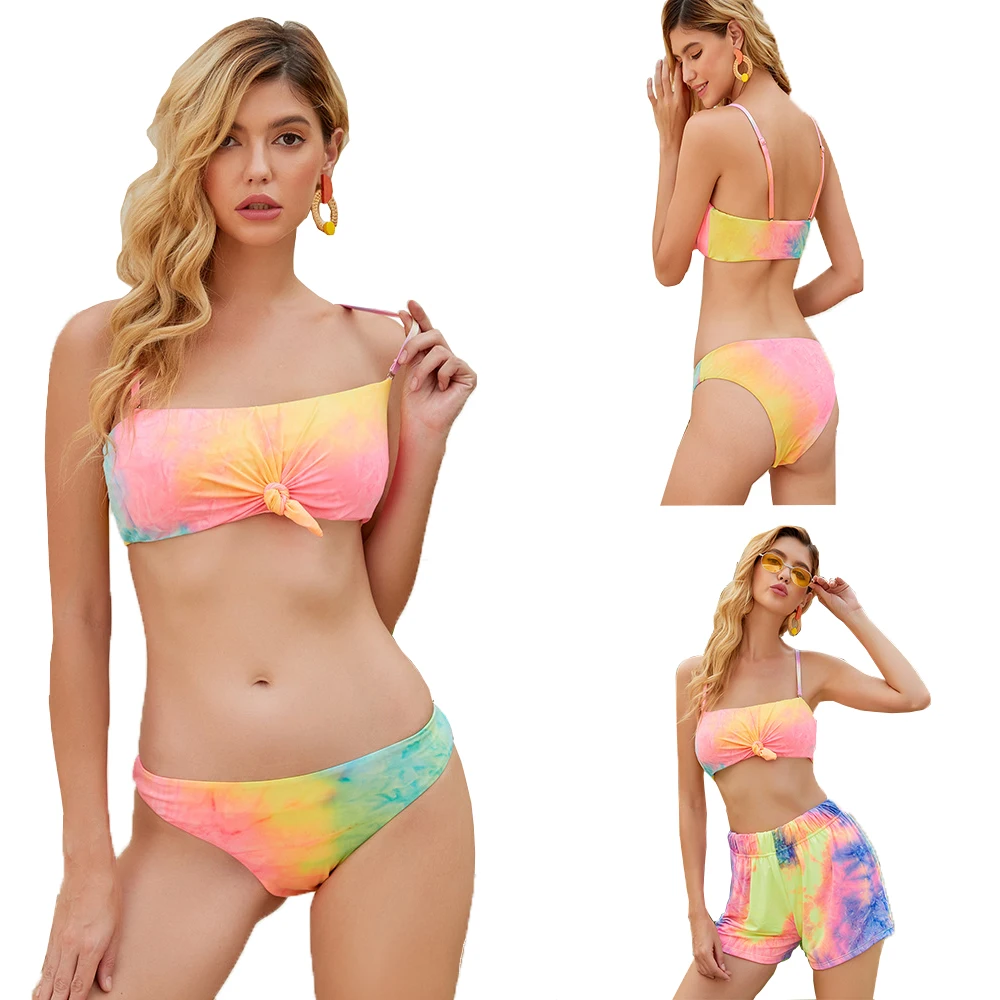 

2021 Summer Tie-Dyed Cute Sexy High Waist Print Tops and Shorts 3 Pieces Sets Women Bathing Suits Swimwear Bikinis