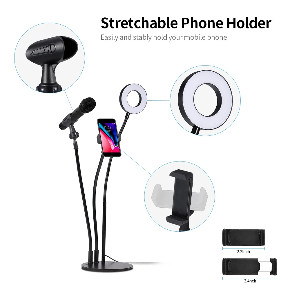 

3in1 9cm LED Desktop Video Ring Light Fill Lamp Phone Microphone With Weight Base USB Plug For YouTube Tik Tok Live Streaming