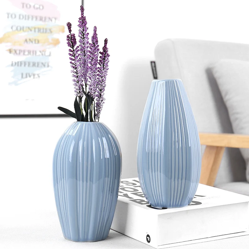 

Original design decorative long shape blue stripe ceramic home decor vases simple blue pottery vase set