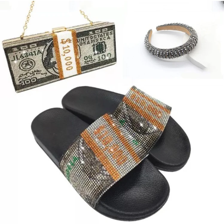 

ladies footwear jelly slides shoes flat diamond slipper matching bag with hairband sets headwear famous brand dollar money bag