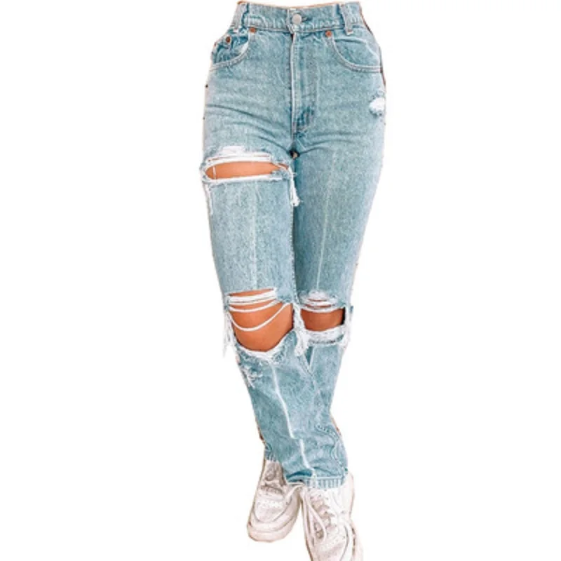 

2021 New Arrivals Womens Denim trousers Blue Mid Waist Skinny hole Pants Denim Jeans, Spandex / cotton