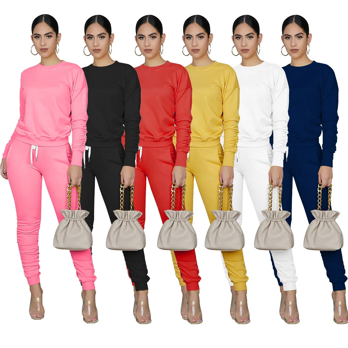 

Women's autumn and winter pleated solid color high elastic sports two-piece suit, As the pic
