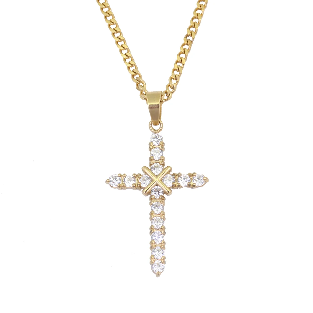 

TUNKALL SN144 Wholesale 3mm Cuban Chain Stainless Steel Crystal Cross Pendant Necklace Hip Hop Jewelry