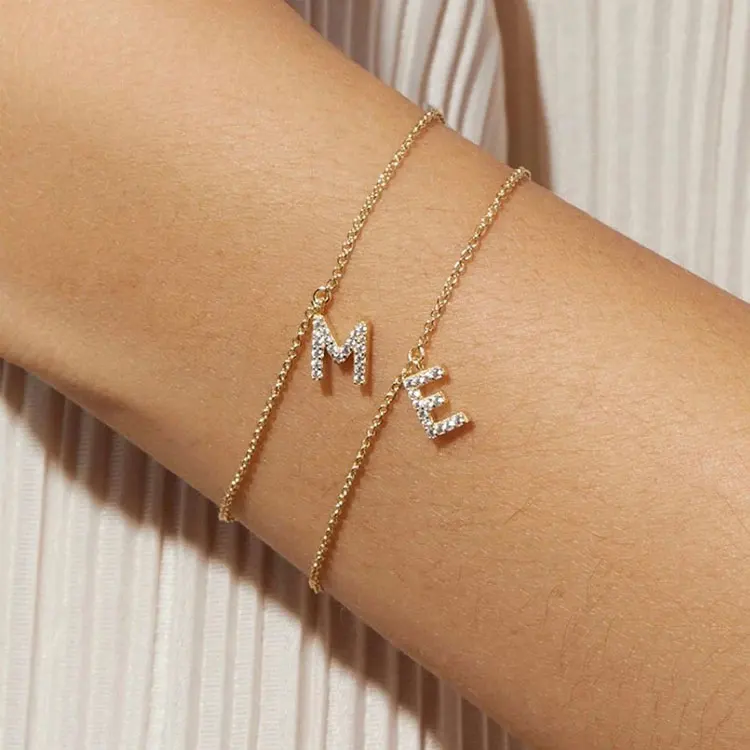

Dainty Tiny A-Z Alphabet Letter Name Charm Bracelets Jewelry Women Luxury 14K Real Gold Plated Inlaid Zircon Initial Bracelet