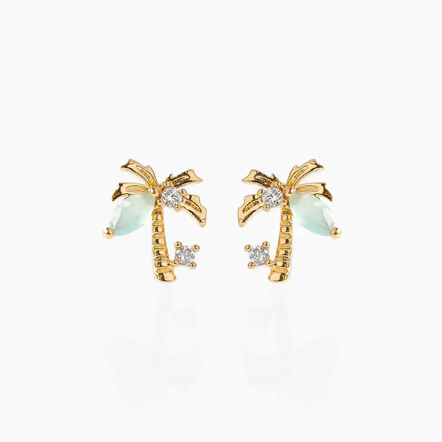 

Boho Beach Simple 18k Gold Coconut Tree earring Inlay Pave Filled Tiny Cubic Zirconia Handmade Hypoallergenic earring for women, Golden
